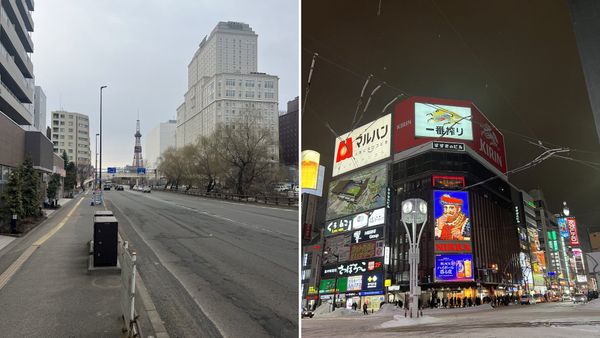 Daytime street view toward the Sapporo TV Tower beside the neon-lit Susukino crossing at night