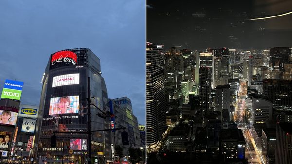 Shibuya's billboard towers at dusk beside Osaka's Umeda skyline at night