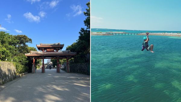 Shureimon Gate in Naha beside a zipline over clear water on Okinawa's Onna Village coast