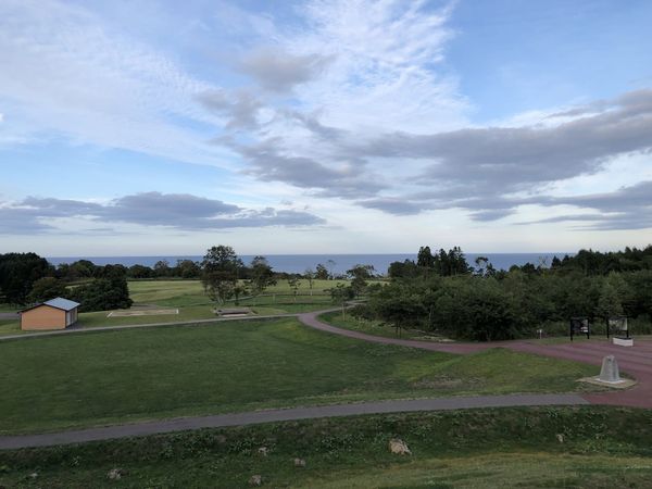 Grassy park with a view toward the sea near Hakodate, southern Hokkaido countryside