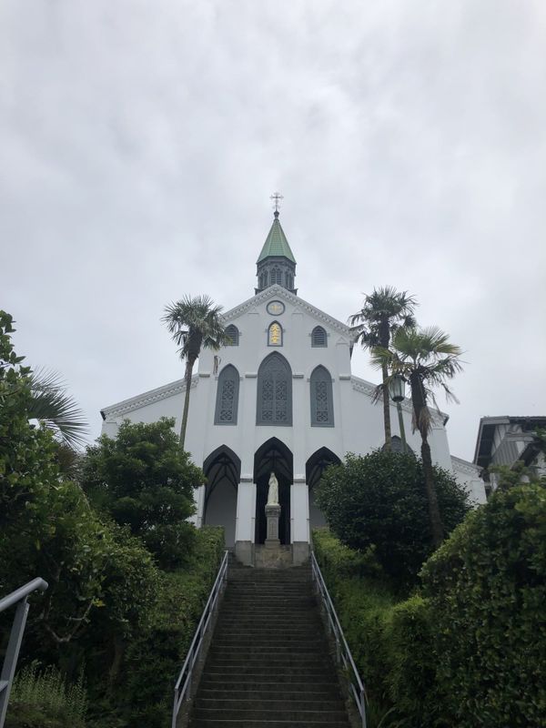 White facade of Oura Cathedral in Nagasaki