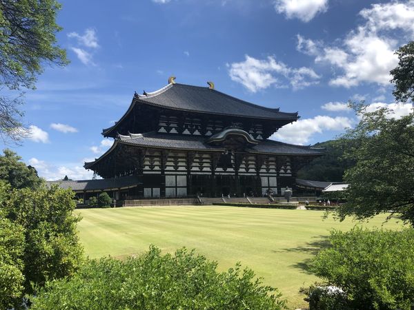 Todai-ji temple hall in Nara Park under a blue sky