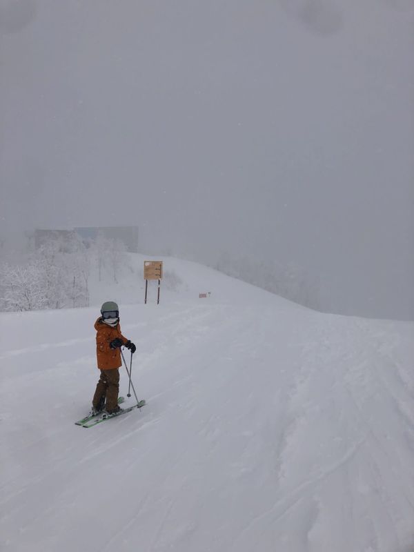 Skier in an orange jacket on a foggy powder run beside a trail signpost at Rusutsu