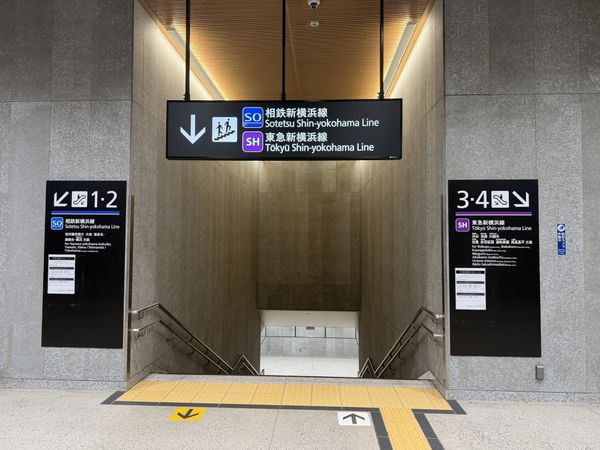 Sotetsu and Tokyu through-service line entrance signage at Shin-Yokohama Station, Yokohama