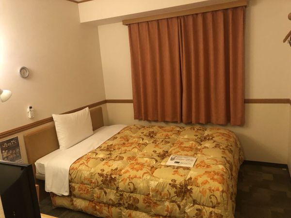 Single room at Toyoko Inn Fukui-Ekimae showing the bed, desk, TV and window with curtain