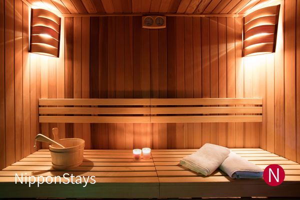 The wooden interior of a sauna