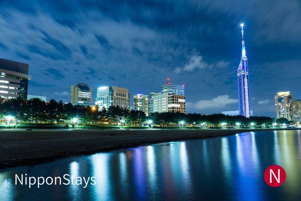 Fukuoka's city lights seen from above at night