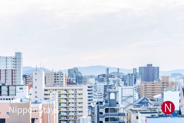 The Tenjin district of Fukuoka seen across the rooftops
