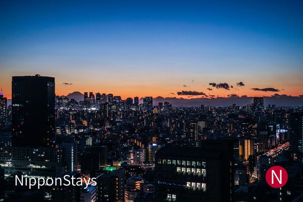 Tokyo skyline at dusk with the silhouette of Mount Fuji on the horizon