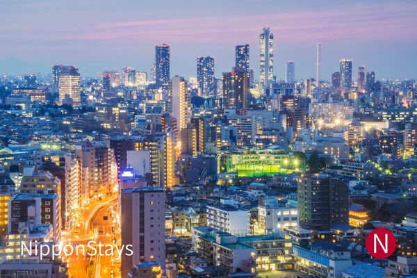 Ikebukuro at dusk, lit streets running out toward the Tokyo skyline