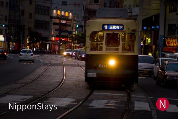 A Nagasaki tram on the street in the city centre