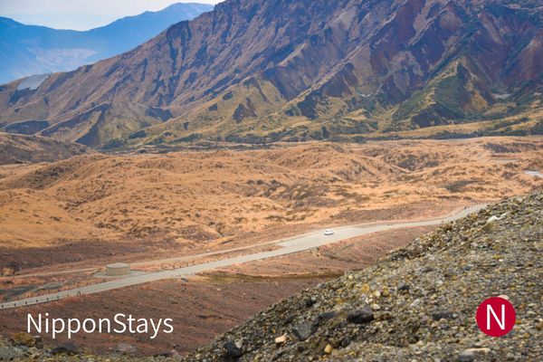 The road across the Mount Aso caldera in Kyushu