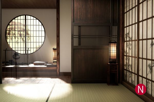 A traditional tatami room with wooden detailing