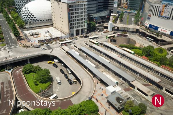 Aerial view of the bus and taxi rotary outside Shinjuku Station