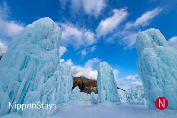 Blue ice sculptures built up in layers at the Lake Shikotsu ice festival