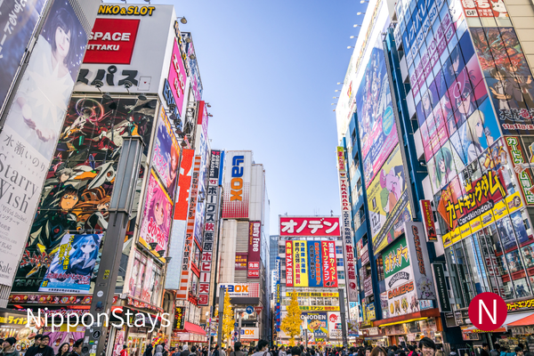 Akihabara Electric Town streets lined with anime and electronics signs near the station.