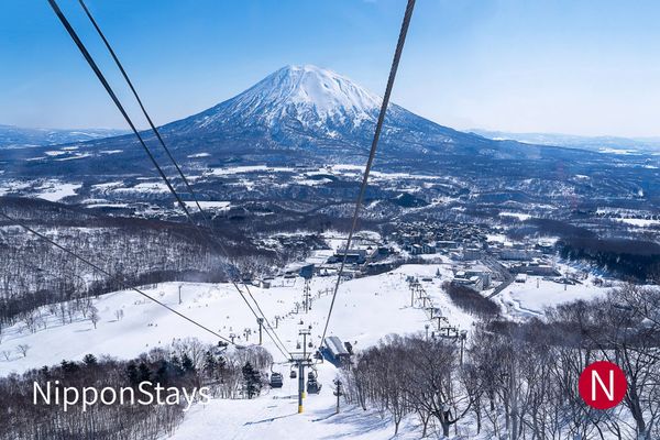 Niseko's runs and lifts under snow with Mount Yotei behind