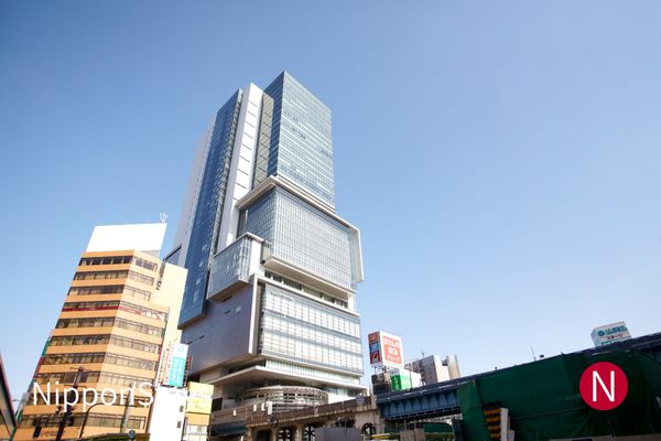 The towers around Shibuya Station seen from street level