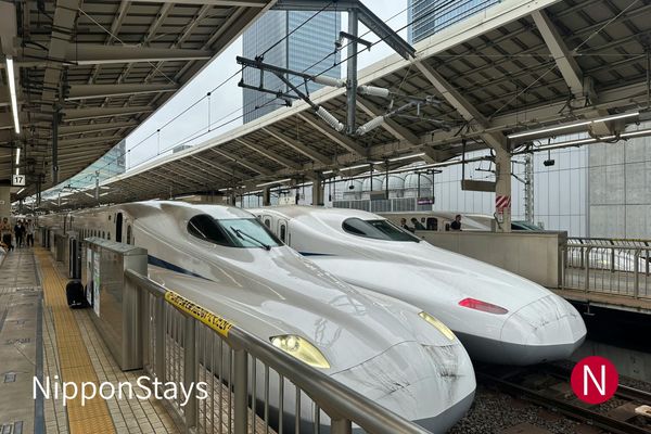 Shinkansen trains standing at a platform in Tokyo Station