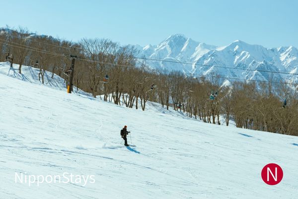 A groomed slope at Hakuba with the snow-covered Northern Alps behind