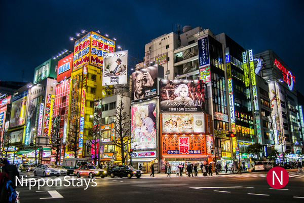 Akihabara's brightly illuminated shopping district at night.