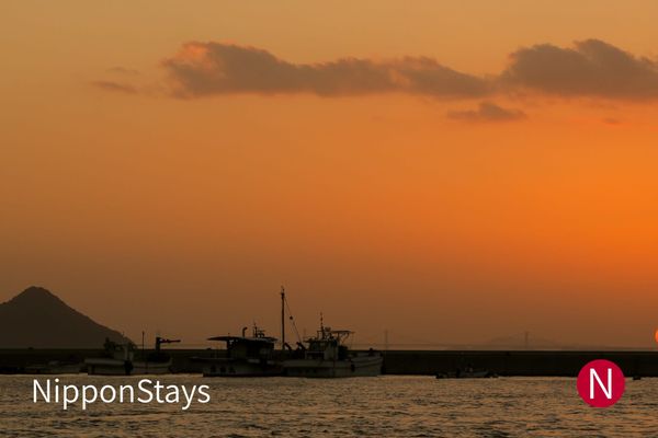Fishing boats at Miyanoura Port on Naoshima at sunset