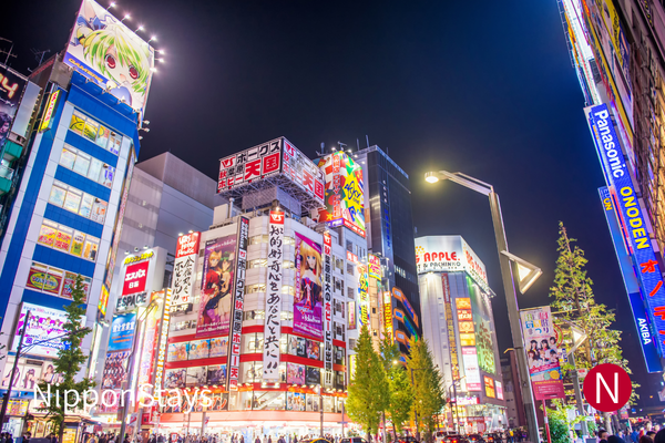 Akihabara electronics district illuminated at night.