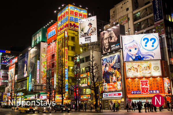 Akihabara Electric Town buildings and illuminated signs after dark.
