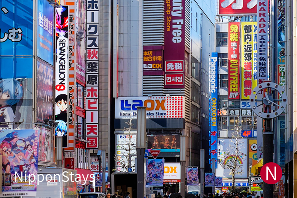 Akihabara electronics and anime storefronts along a busy shopping street.