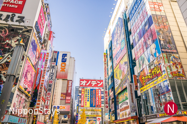 Akihabara shopping street framed by colorful anime and electronics signs.
