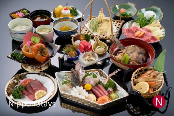 A Japanese multi-dish dinner laid out on a tray