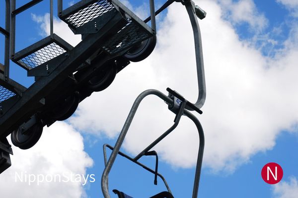 Looking up at an empty chairlift and the wheels of a lift tower against a blue sky with clouds