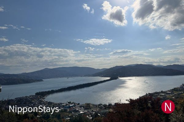 Amanohashidate seen from the hills above, the pine-covered sandbar crossing the bay