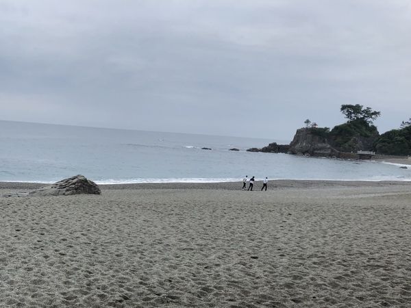 Katsurahama beach in Kochi under a grey sky, with a pine-topped headland and a small red shrine pavilion at the far end of the bay