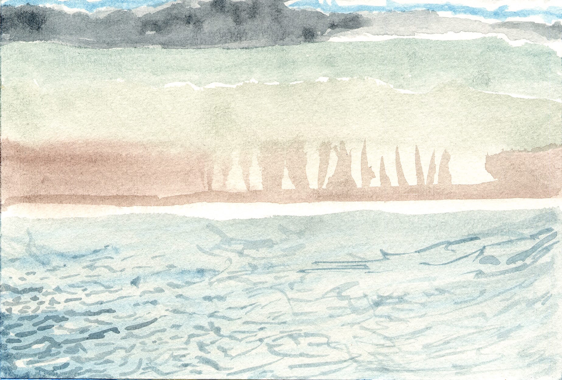 watercolor sketch image of Georgia Strait, near Vancouver British Columbia.