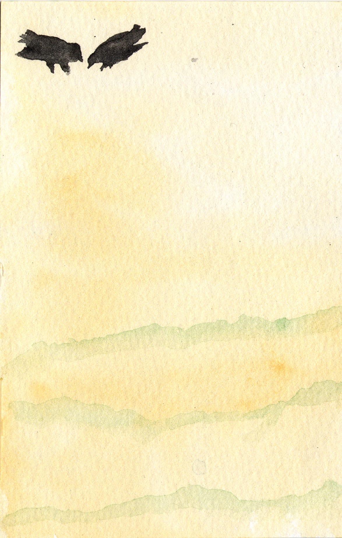 Two black crows at left top of yellow field with green ripples