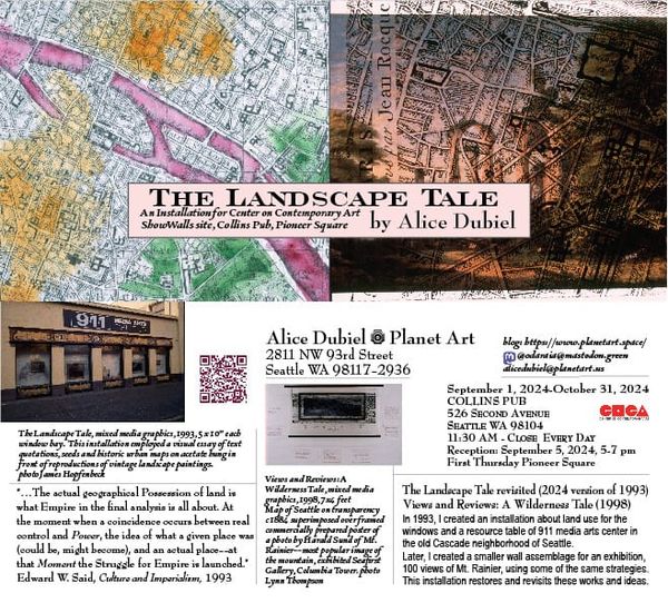 Four images: historic hand colored map of Paris, commerical landscape with letterpress map