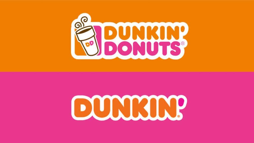 Dunkin' Donuts logo with coffee cup icon above the 2019 Dunkin' wordmark in the same orange, pink and rounded type