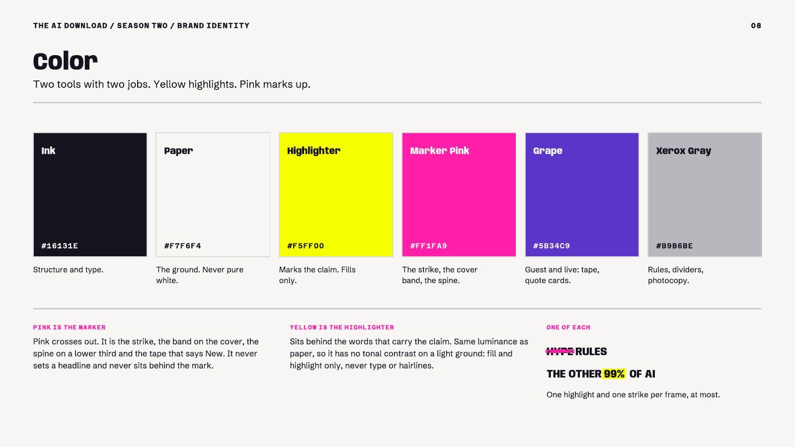 Page 8, the six-color palette: ink, paper, highlighter yellow, marker pink, grape and xerox gray
