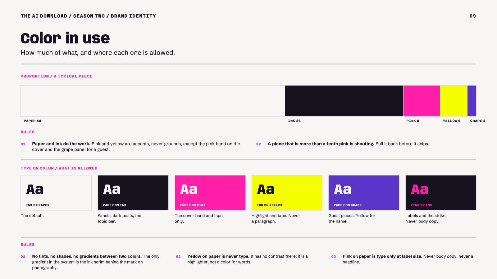 Page 9, color in use: target proportions and which type is allowed on which color