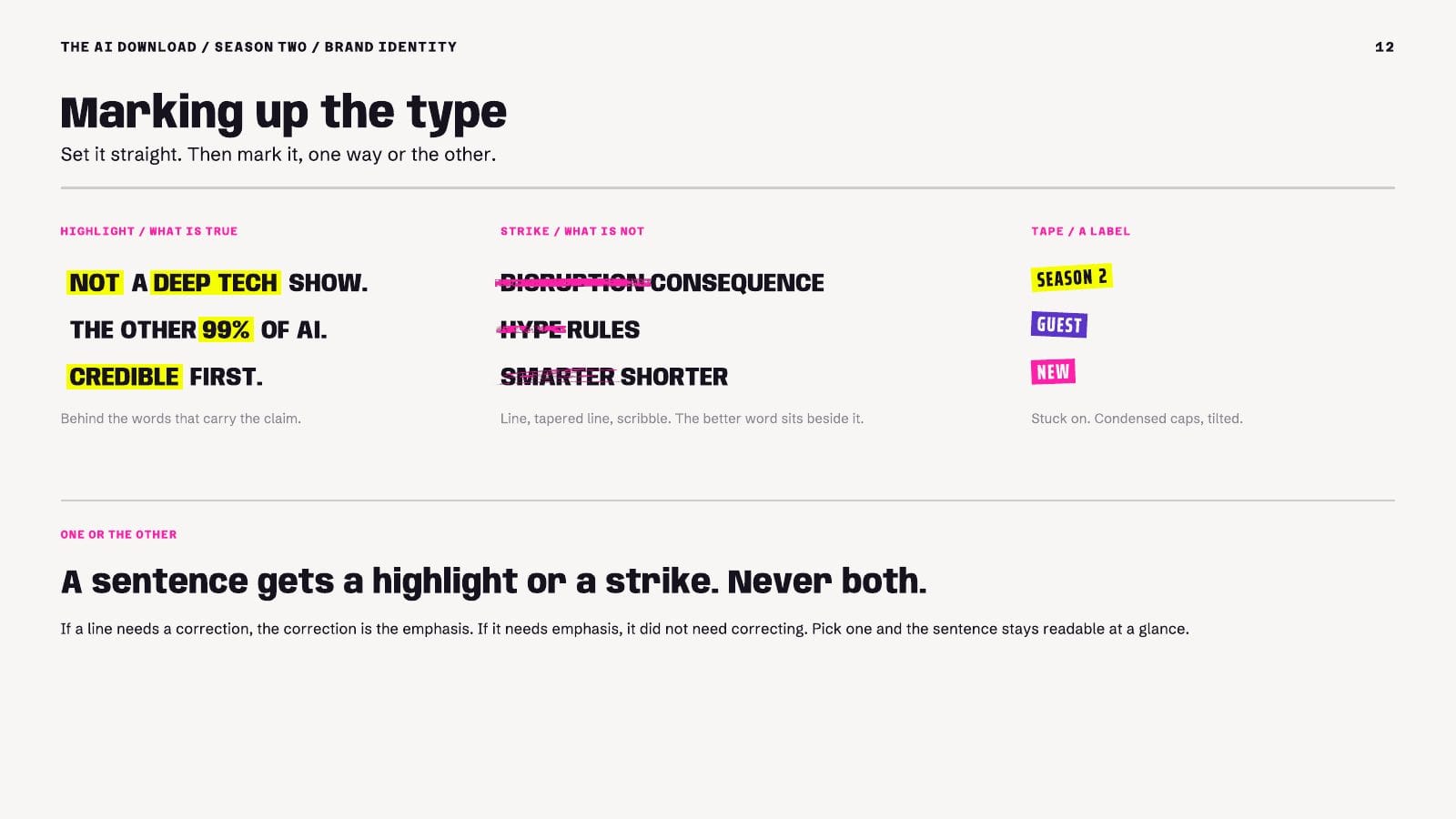 Page 12, marking up the type: highlight, strike and tape label examples
