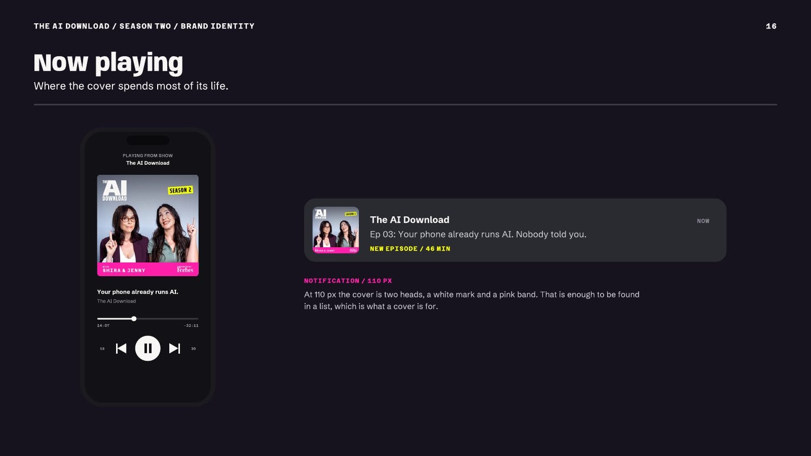 Page 16, the cover on a phone player and a new-episode notification