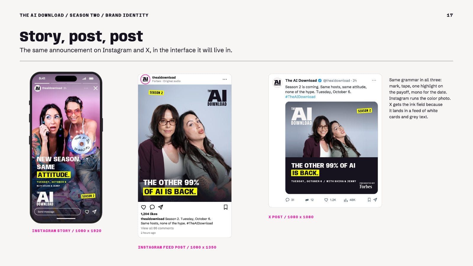 Page 17, one announcement as an Instagram story, an Instagram post and an X post