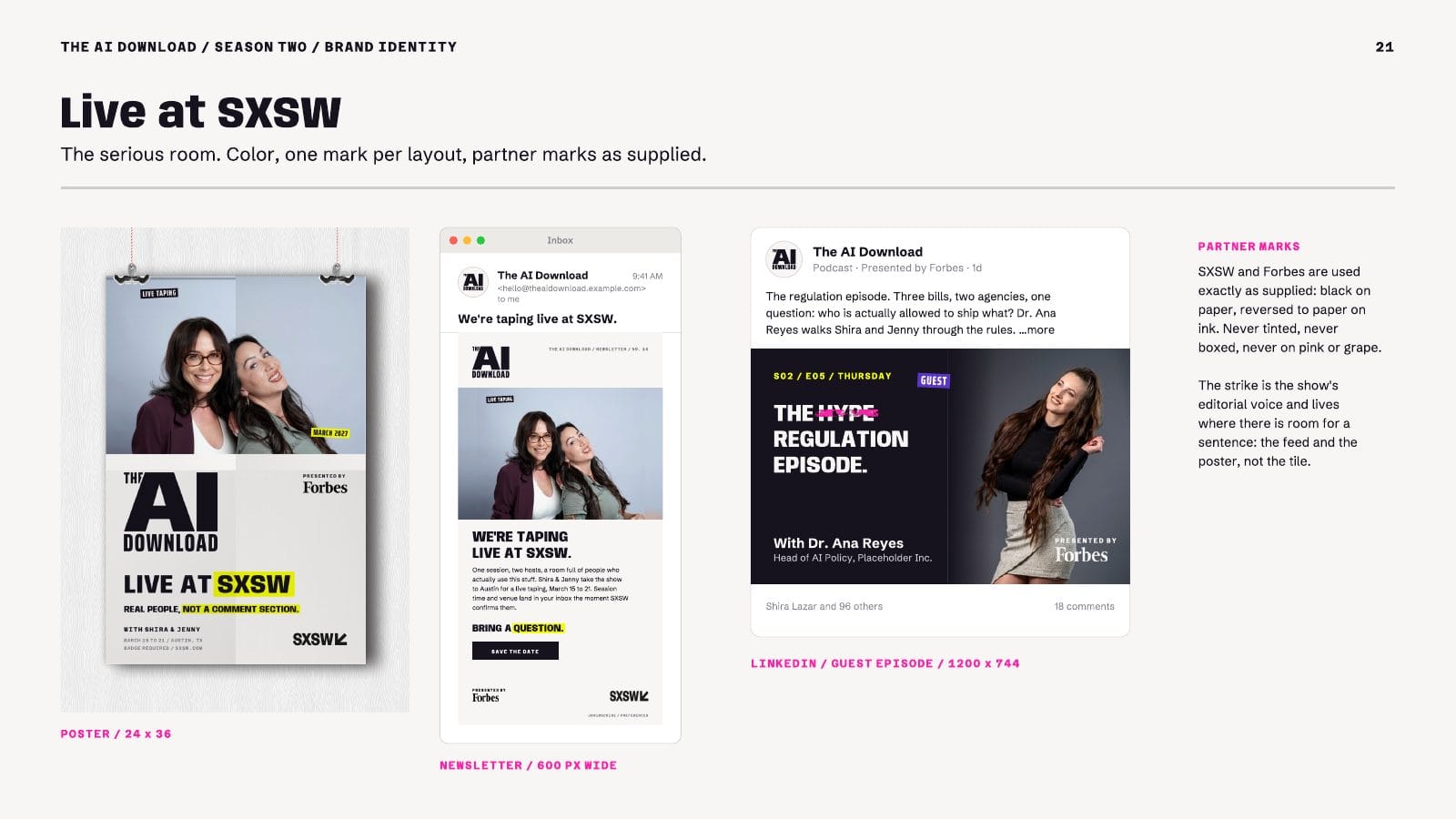 Page 21, a live event poster, a newsletter and a LinkedIn guest post