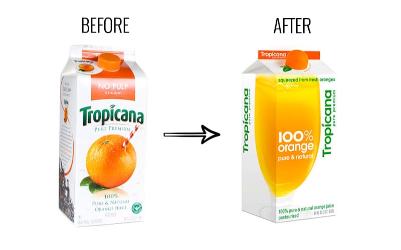 Tropicana Pure Premium carton before the 2009 redesign, with the orange and straw, next to the redesigned carton showing a glass of juice