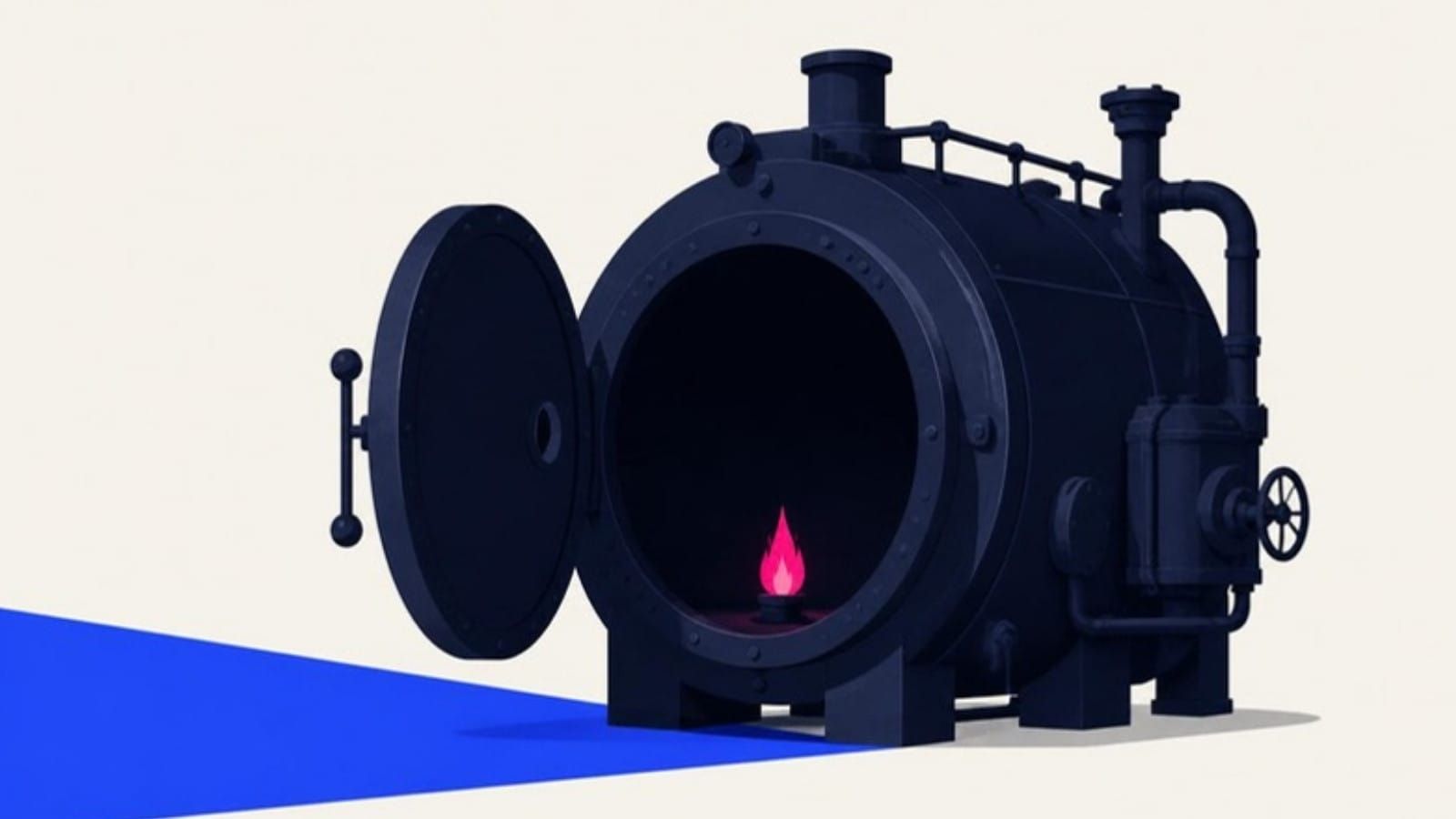 A huge navy furnace with its door open and a tiny pink pilot flame inside.