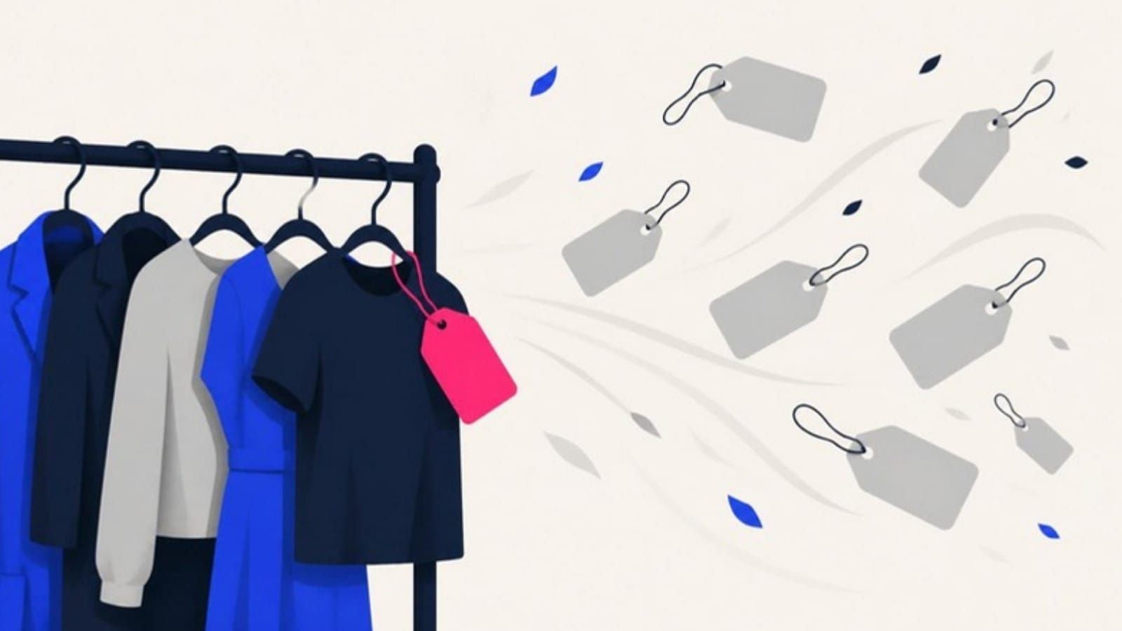 Wind blows grey price tags off a clothing rack while one pink tag stays attached.