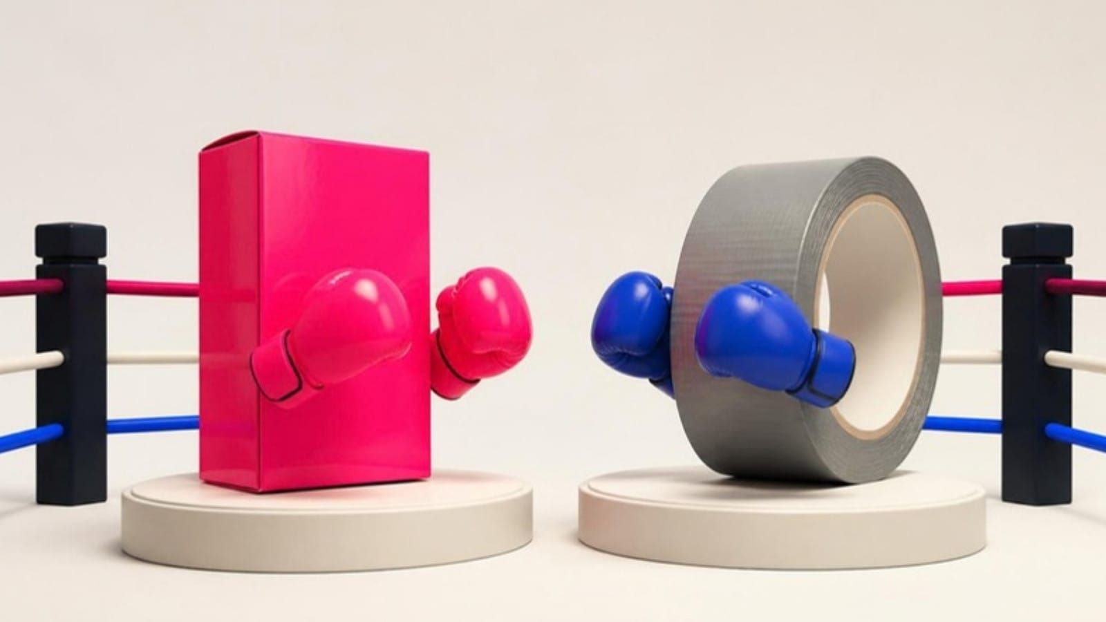 A pink product box in boxing gloves faces a roll of grey duct tape in a boxing ring.