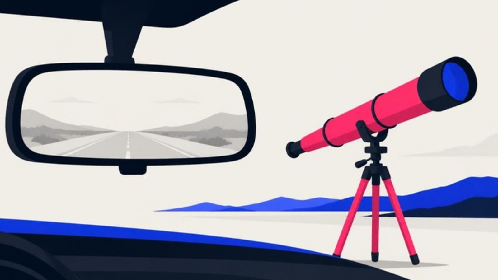 A car's rear-view mirror shows the road behind while a pink telescope points toward the horizon ahead.