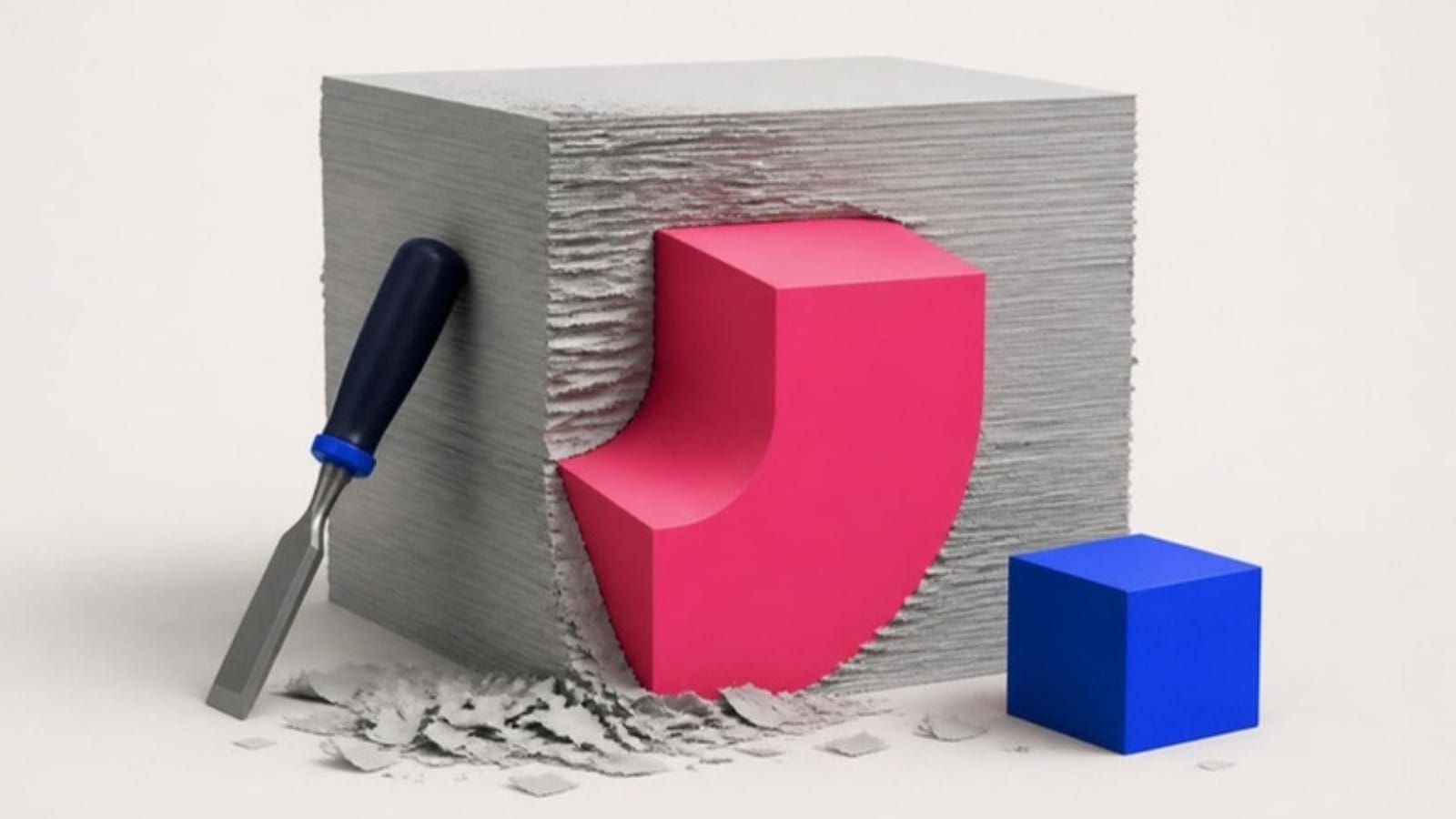 A chisel has carved one clean pink shape out of a large block of stacked grey paper.